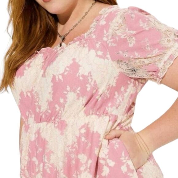 TORRID Foxglove Pink Mini two toned, lace floral, tierd babydoll dress. 1X - Picture 5 of 16